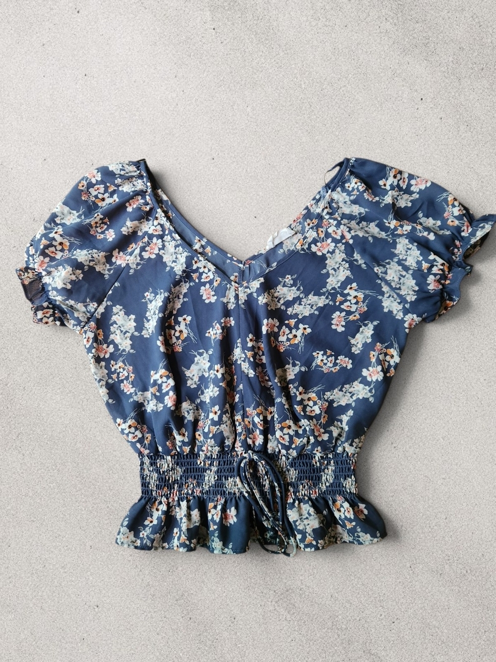 Sienna Sky Navy Floral V-Neck Smocked Waist Blouse